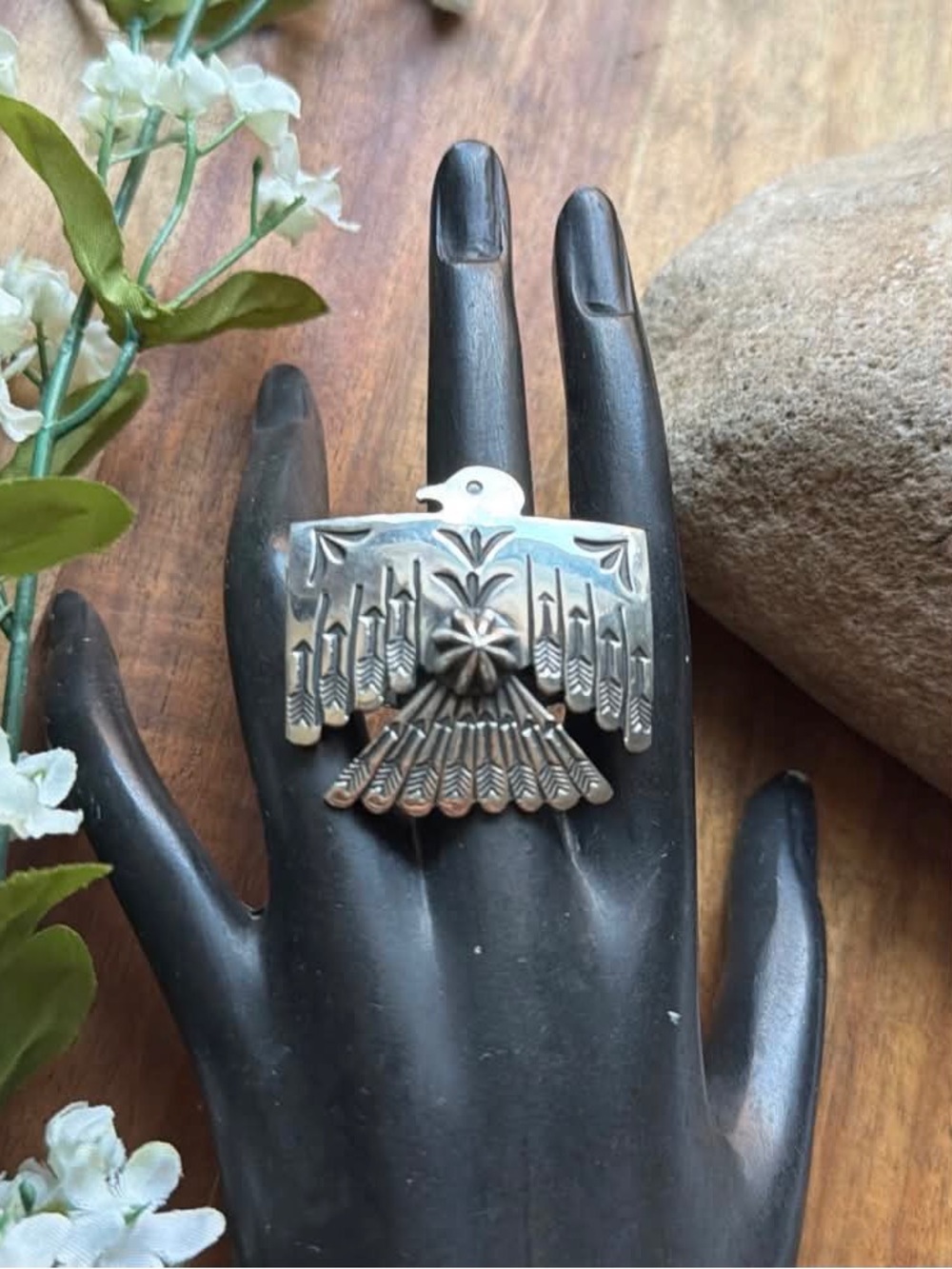 Navajo Sterling Silver Thunderbird Stamped Adjustable Ring Sunshine Reeves - Picture 4 of 12